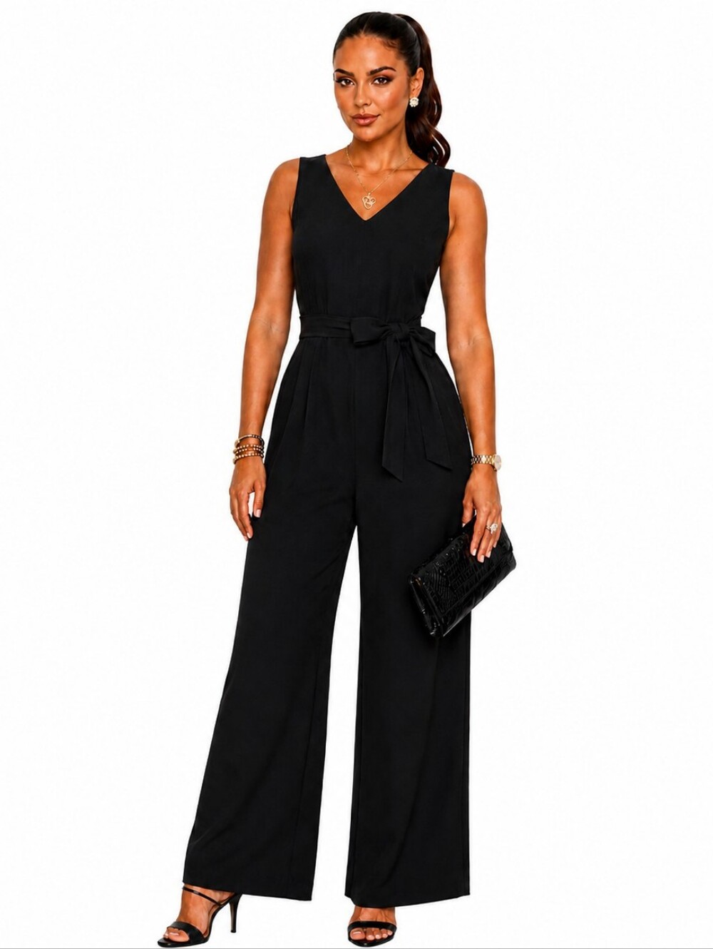 Calvin Klein Black Wide Leg Jumpsuit Size 16 NWT Sleeveless Tie Waist V-Neck.